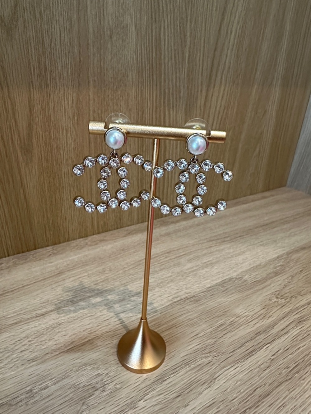 CHANEL Gold-Tone Crystal CC Drop Earrings with Pearl Studs
